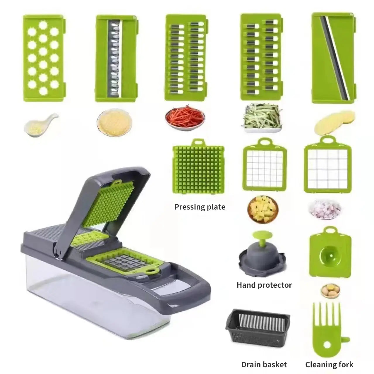 1Pc Green Black 12 in 1 Multifunctional Vegetable Slice Cutter with Basket Fruit Chopper Vegetable Grater