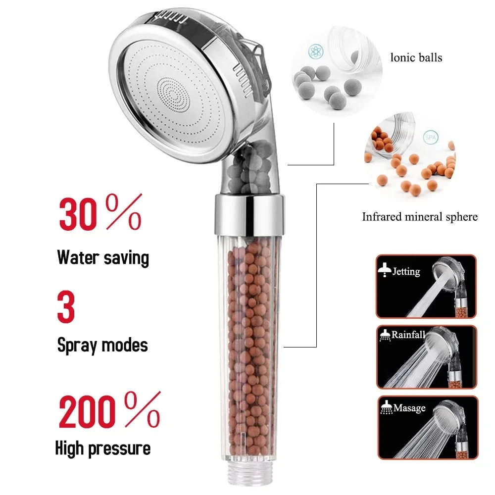 3 Functions High Pressure SPA Shower Head Water Saving Handheld Rainfall Bathroom Accessories Anion Filter Shower