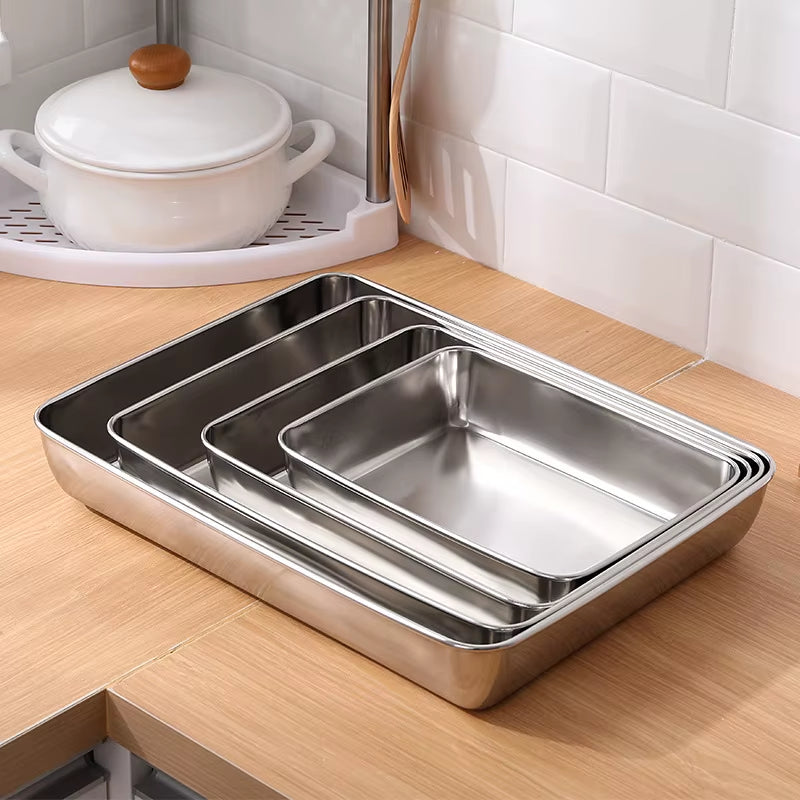 Stainless Steel Food Storage Rectangular Tray Baking Pans Deep Plates Container Kitchen Organizer