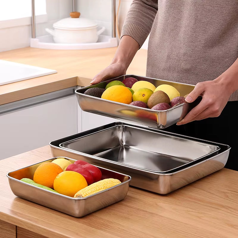 Stainless Steel Food Storage Rectangular Tray Baking Pans Deep Plates Container Kitchen Organizer