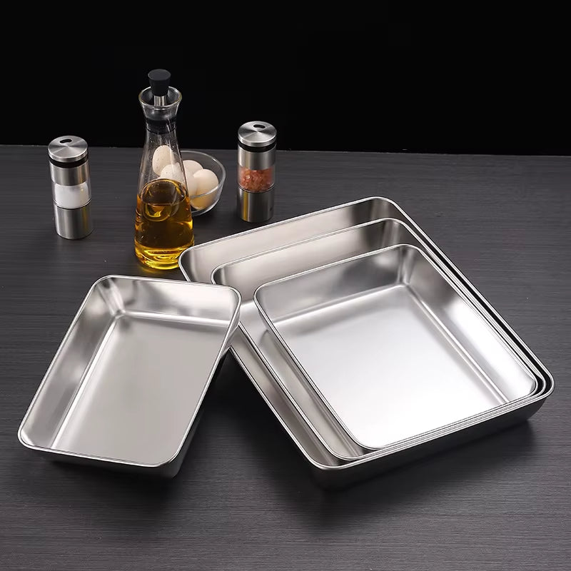 Stainless Steel Food Storage Rectangular Tray Baking Pans Deep Plates Container Kitchen Organizer