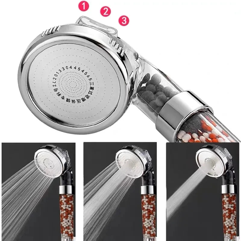 3 Functions High Pressure SPA Shower Head Water Saving Handheld Rainfall Bathroom Accessories Anion Filter Shower