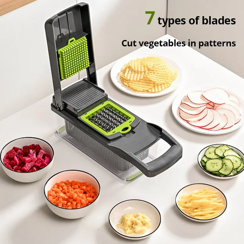 1Pc Green Black 12 in 1 Multifunctional Vegetable Slice Cutter with Basket Fruit Chopper Vegetable Grater