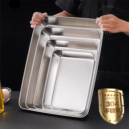 Stainless Steel Food Storage Rectangular Tray Baking Pans Deep Plates Container Kitchen Organizer