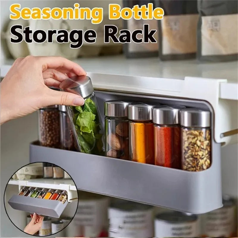 Home Kitchen Self-Adhesive Spice Storage Rack Wall-Mounted Under-Shelf Spice Closet Organizer Kitchen Spice Bottle Storage Rack