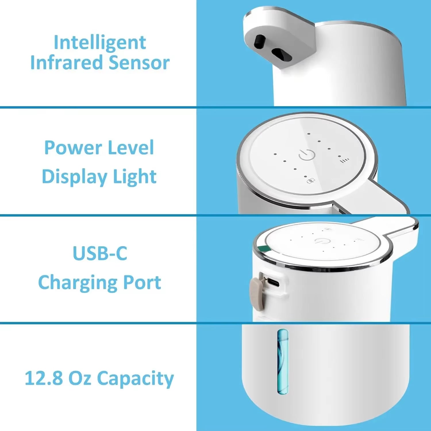 Touchless Automatic Foaming Soap Dispenser - USB Rechargeable, 380ml, Adjustable Foam Levels