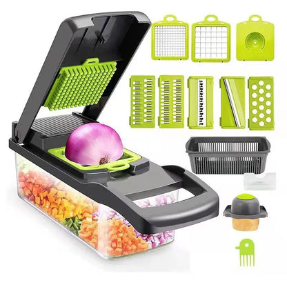 1Pc Green Black 12 in 1 Multifunctional Vegetable Slice Cutter with Basket Fruit Chopper Vegetable Grater